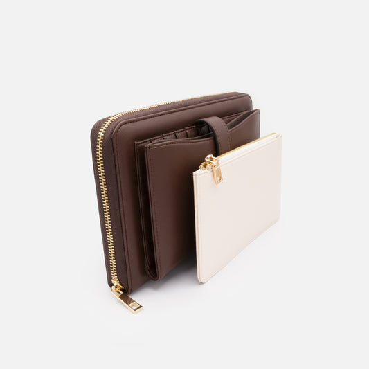 Extra large dark brown PU wallet & removable ivory pouch - BG253W047BR