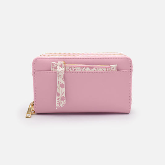 Pink PU double wallet with removable floral pouch - BG253W053PK
