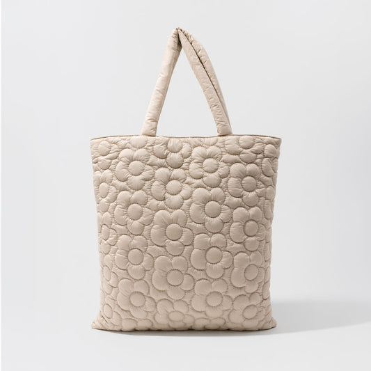 Beige Quilted Floral Tote Bag