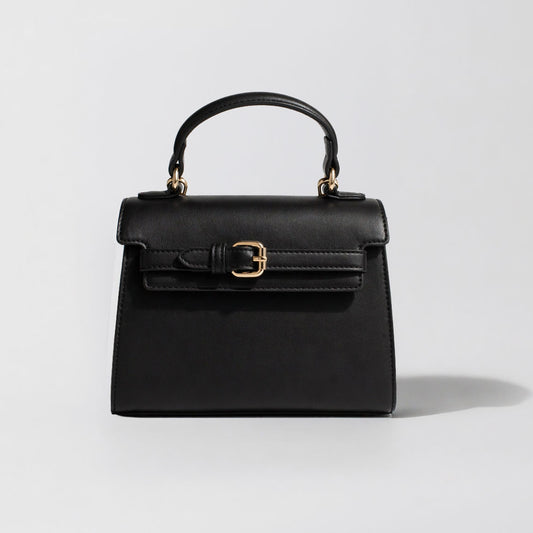 Black Structured Top Handle Bag with Gold Buckle
