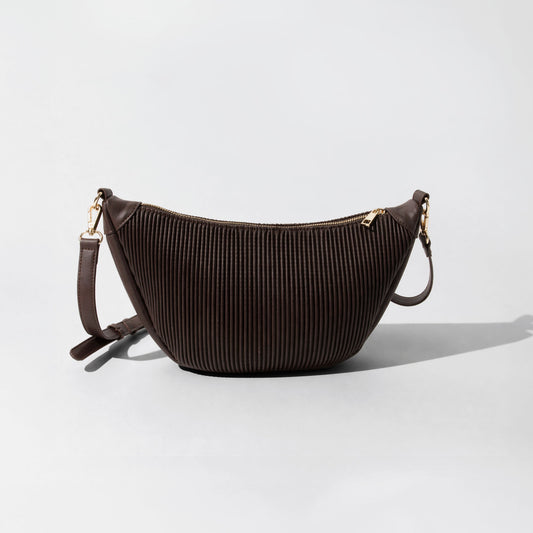 Dark Brown Ribbed Crescent Crossbody Bag