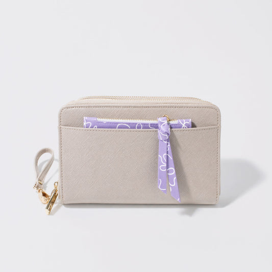 Beige Double Wallet with Removable Lilac Bow Pouch