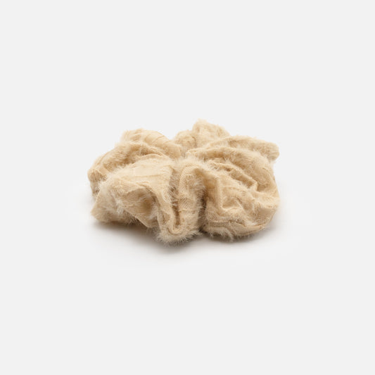 HA253E063BE - Beige scrunchie with embroied pattern & woolly look