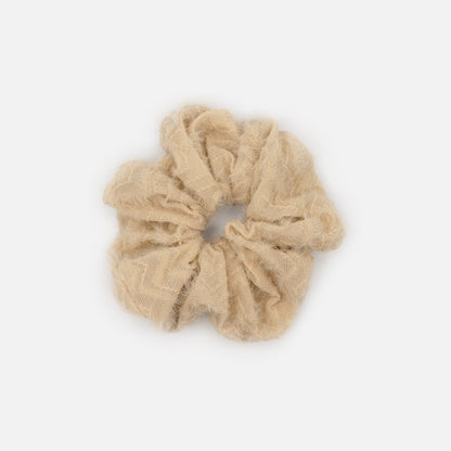 HA253E063BE - Chouchou beige à motif brodé & à l'aspect laineux