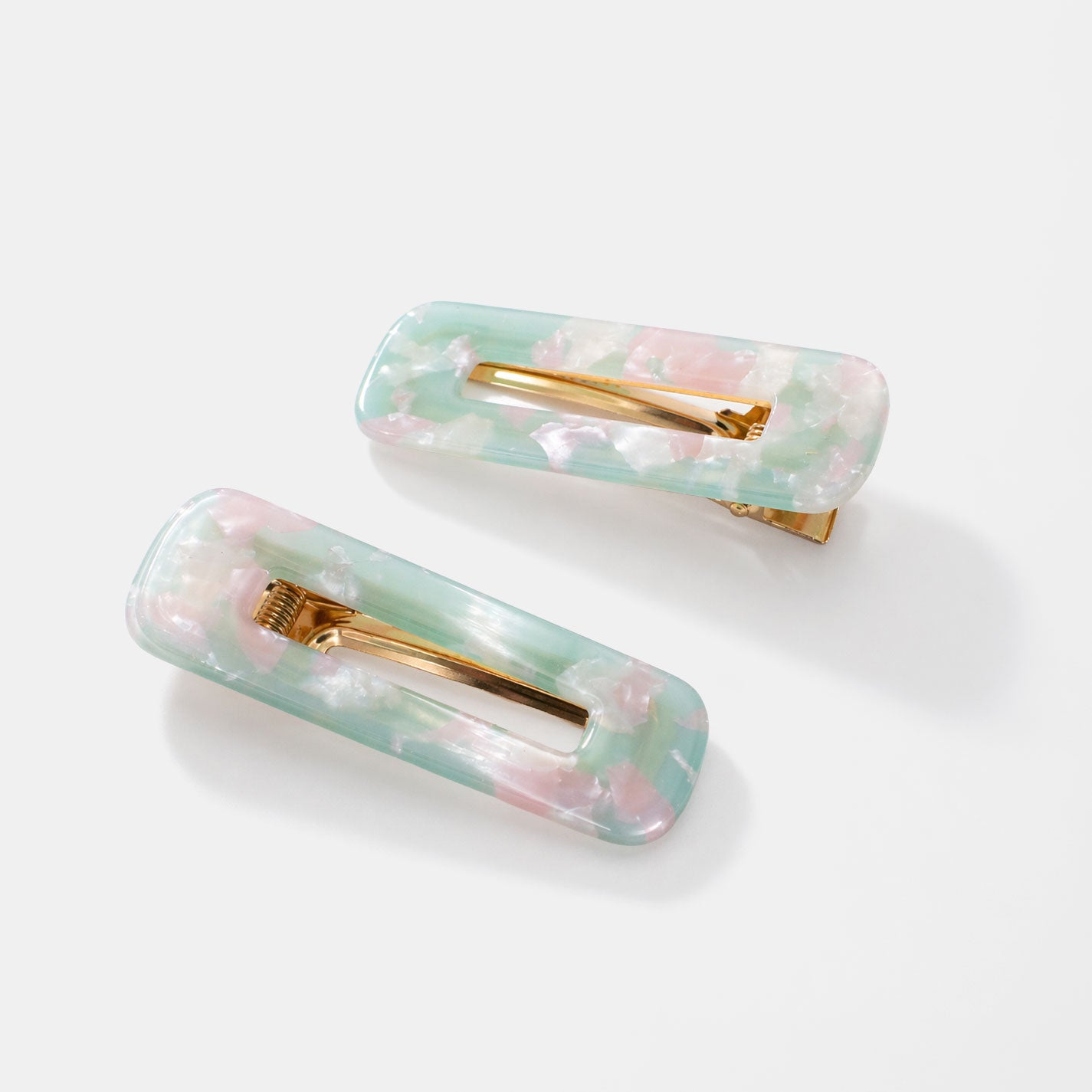 Duo of Green and Pink Marbled Rectangular Hair Clips