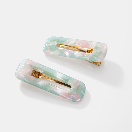 Duo of Green and Pink Marbled Rectangular Hair Clips