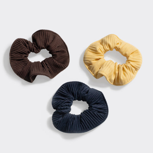 Trio of Ribbed Scrunchies Yellow, Navy and Dark Brown