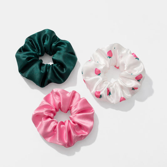 Trio of Silky Scrunchies Dark Green, Pink and Printed