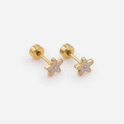 MN243E001GL - Mini boucles d'oreilles dorées fleurs rose pâle avec zircon cubique central en acier inoxydable