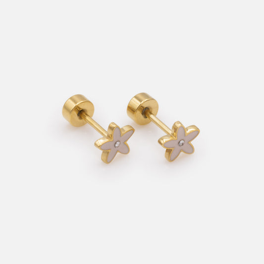 MN243E001GL - Mini pale pink flowers golden earrings with central cubic zirconia in stainless steel