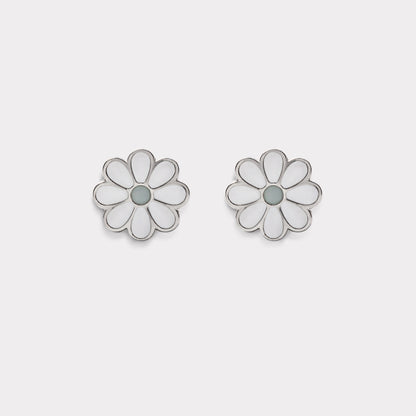 Mini boucles d'oreilles argentées fleurs blanches en acier inoxydable - MN243E002SL