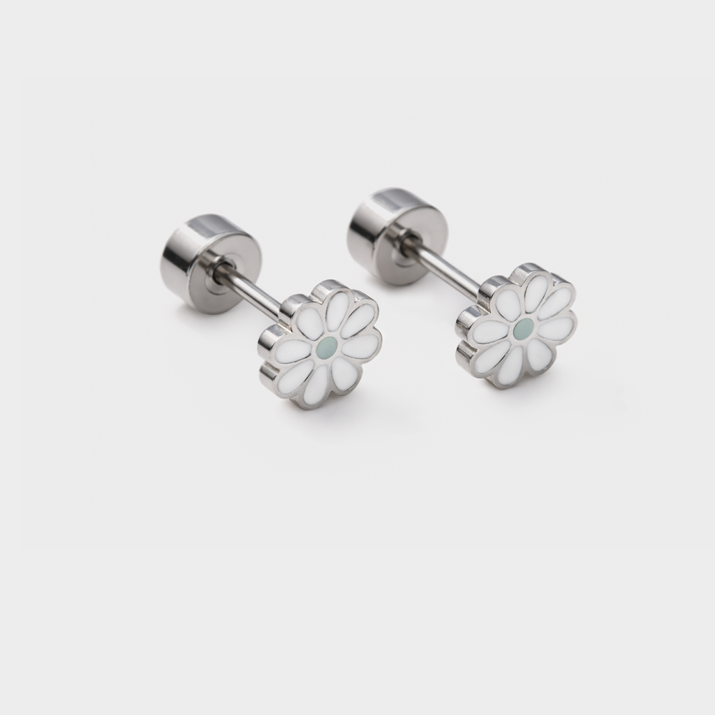 Mini boucles d'oreilles argentées fleurs blanches en acier inoxydable - MN243E002SL
