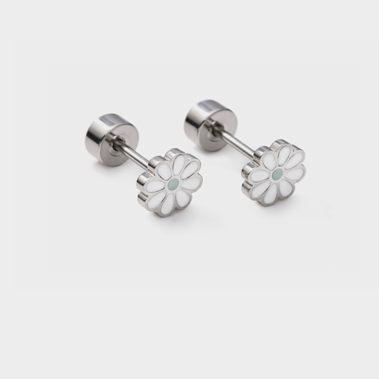 Mini white flowers silver earrings in stainless steel - MN243E002SL
