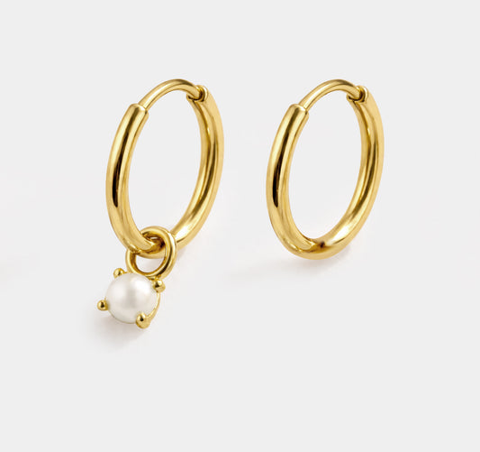 Mini golden huggies in stainless steel & pearl - MN253E004GL