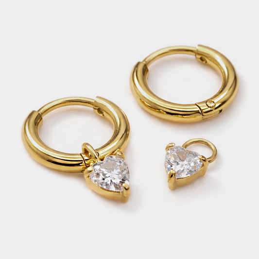 Mini golden huggies in stainless steel & heart-shaped cubic zirconia - MN253E005GL