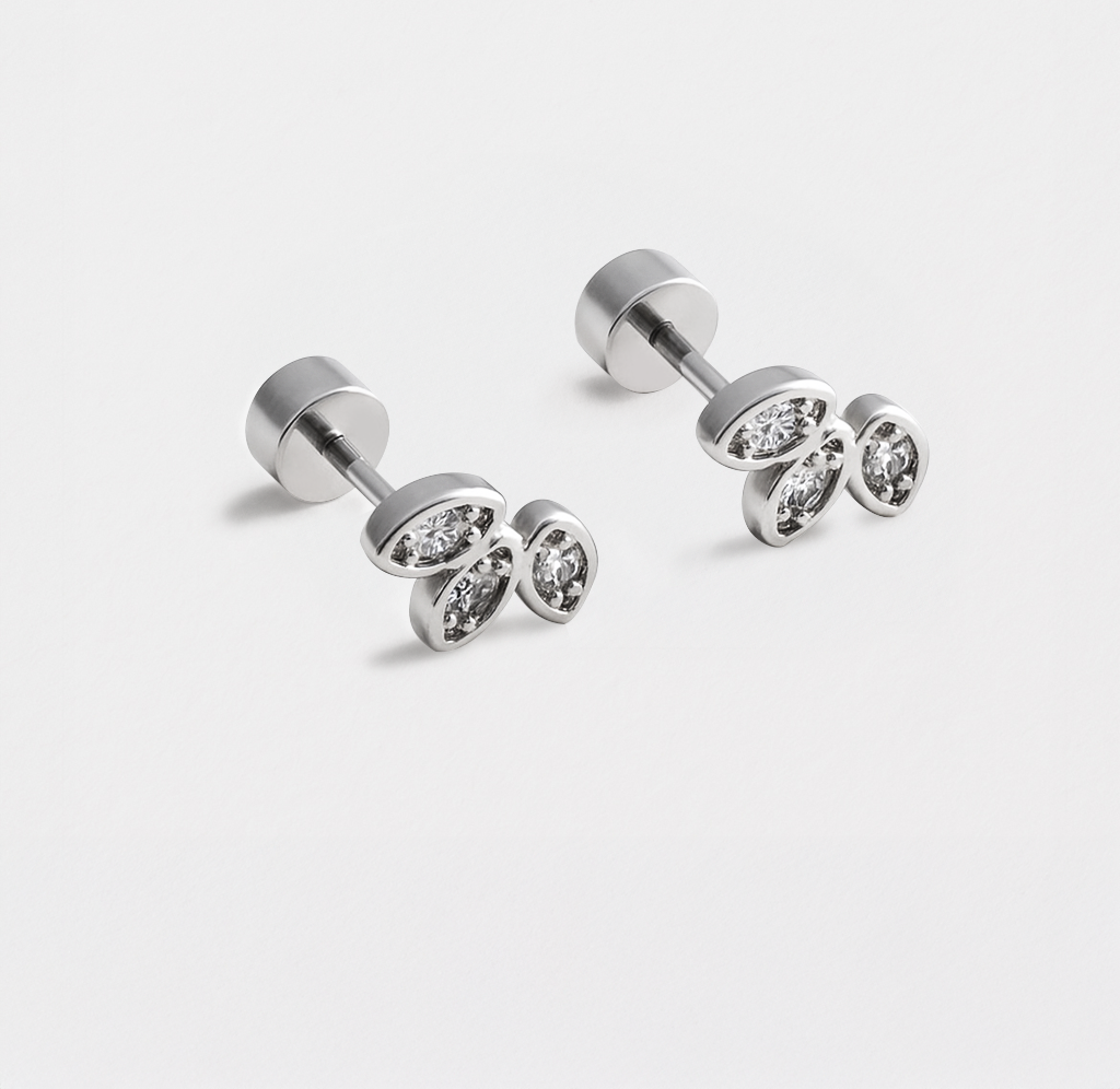 Mini boucles d'oreilles feuilles argentées en acier inoxydable & zircons cubiques - MN253E007SL