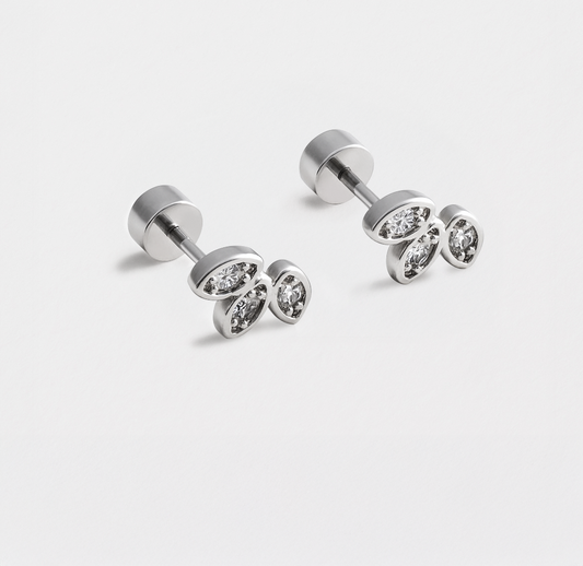Mini silvered leaves in stainless steel & cubic zirconia - MN253E007SL