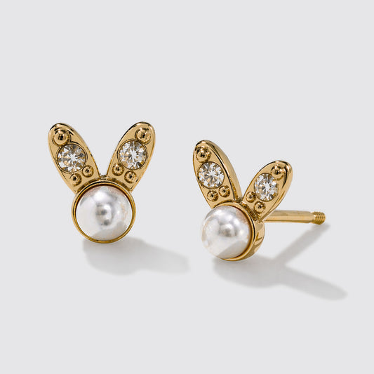 Mini Golden Bunny Stud Earrings Pearl and Crystal Stone Stainless Steel