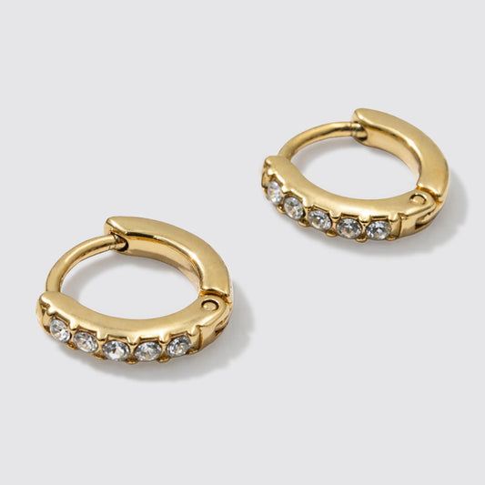 Mini Golden Huggie Hoop Earrings, Crystal Stone Stainless Steel