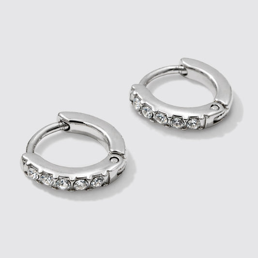 Mini Silvered Huggie Hoop Earrings, Crystal Stone Stainless Steel