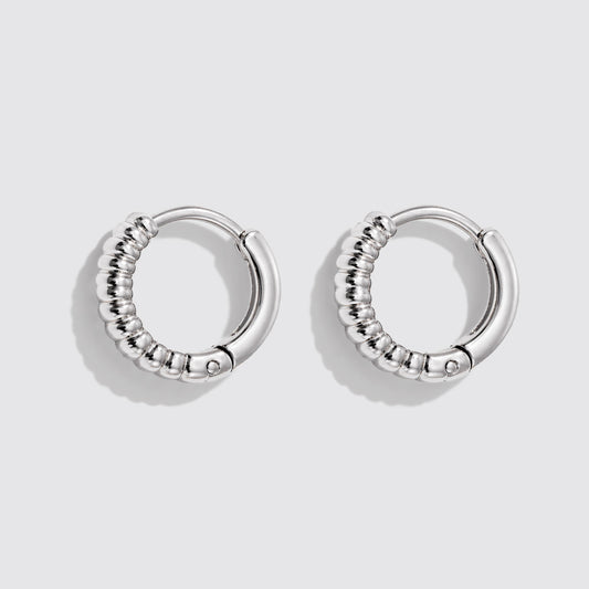 Mini Silvered Ridged Huggie Hoops Earrings Stainless Steel