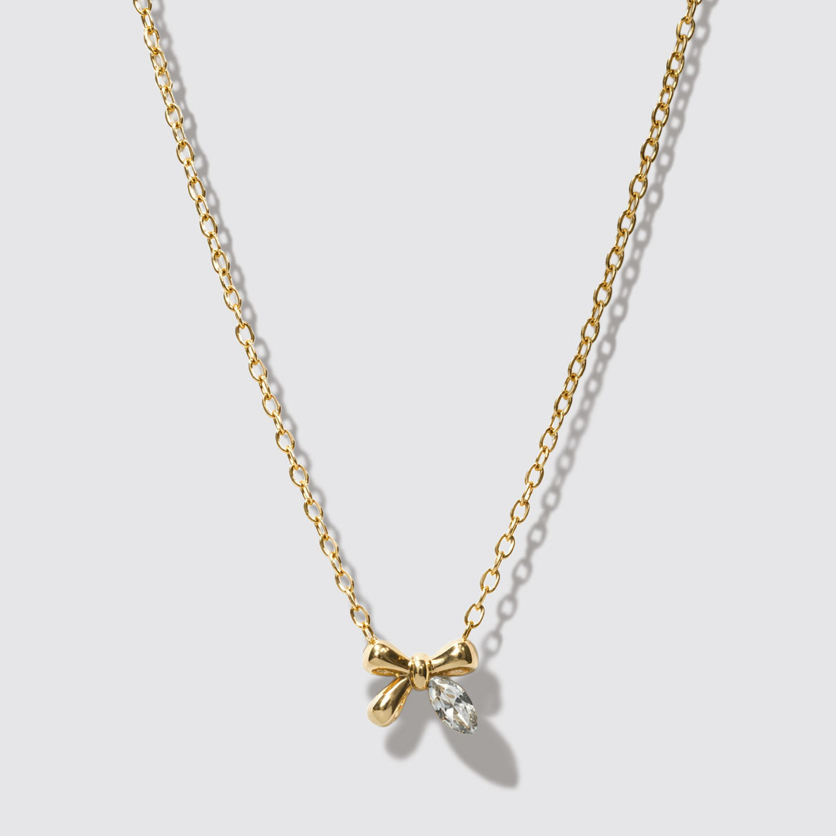 Mini Golden Necklace, Bow & Crystal Stone Pendant Stainless Steel