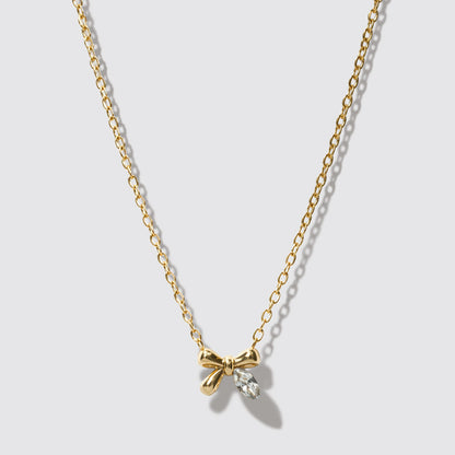 Mini Golden Necklace, Bow & Crystal Stone Pendant Stainless Steel