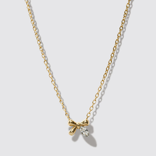 Mini Golden Necklace, Bow & Crystal Stone Pendant Stainless Steel