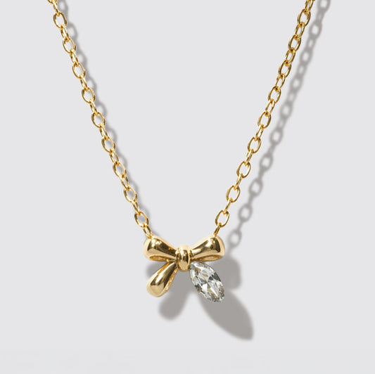 Mini Golden Necklace, Bow & Crystal Stone Pendant Stainless Steel