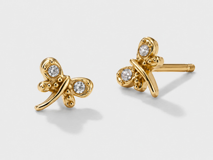 Mini Golden Dragonfly Stud Earrings, Crystal Stone Stainless Steel