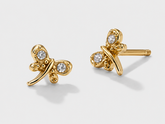 Mini Golden Dragonfly Stud Earrings, Crystal Stone Stainless Steel