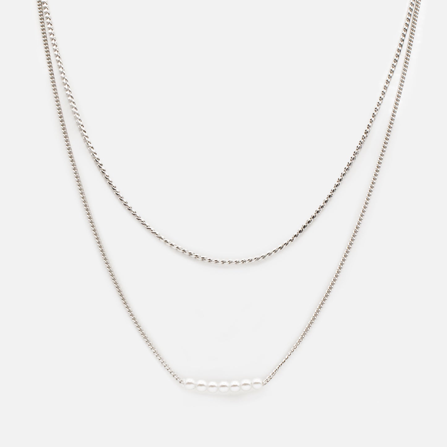 Ensemble de deux colliers argentés mailles en "s" & perles rondes - PL231N01AR