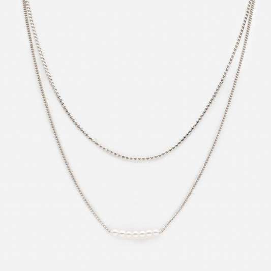 Set of two silvered necklaces with round pearl & "s" mesh - PL231N01AR