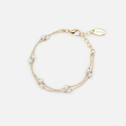 Bracelet double chaîne fines billes dorées & perles rondes - PL233B043DO