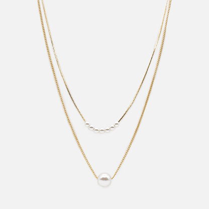 Collier doré double chaîne perle ronde deux formats - PL233N005DO