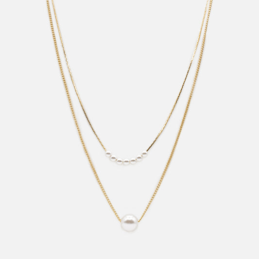 Two size round pearl double golden chain necklace - PL233N005DO