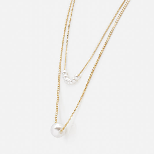 Two size round pearl double golden chain necklace - PL233N005DO