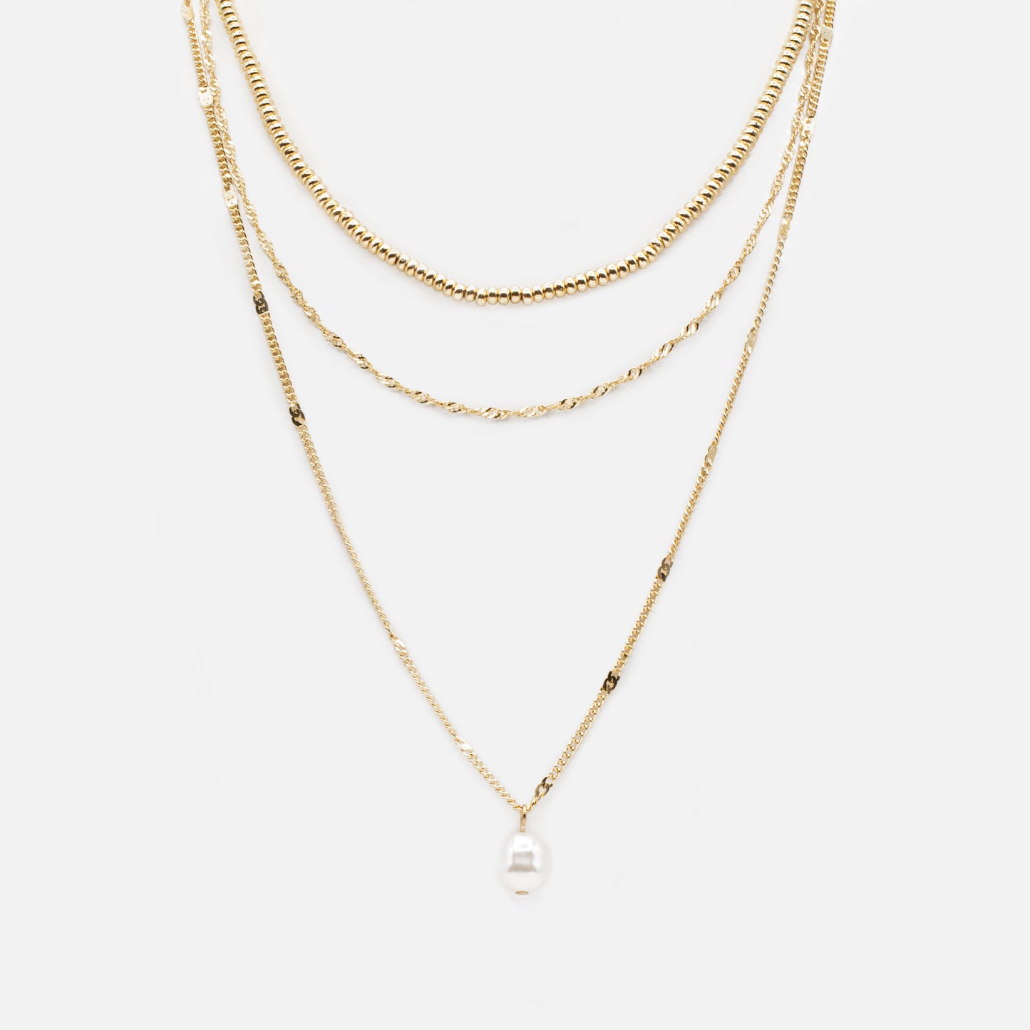 Pearl & golden bead charm triple chain necklace - PL233N019DO
