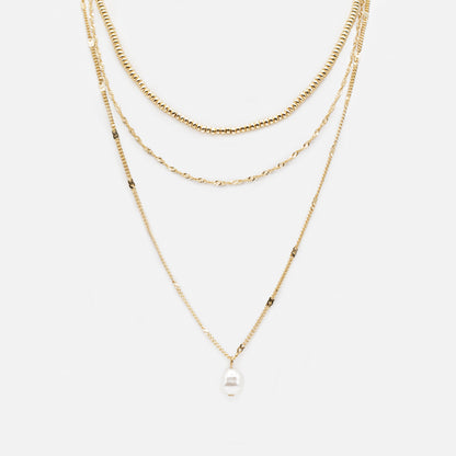 Pearl & golden bead charm triple chain necklace - PL233N019DO