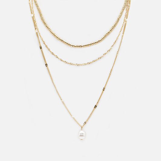 Pearl & golden bead charm triple chain necklace - PL233N019DO
