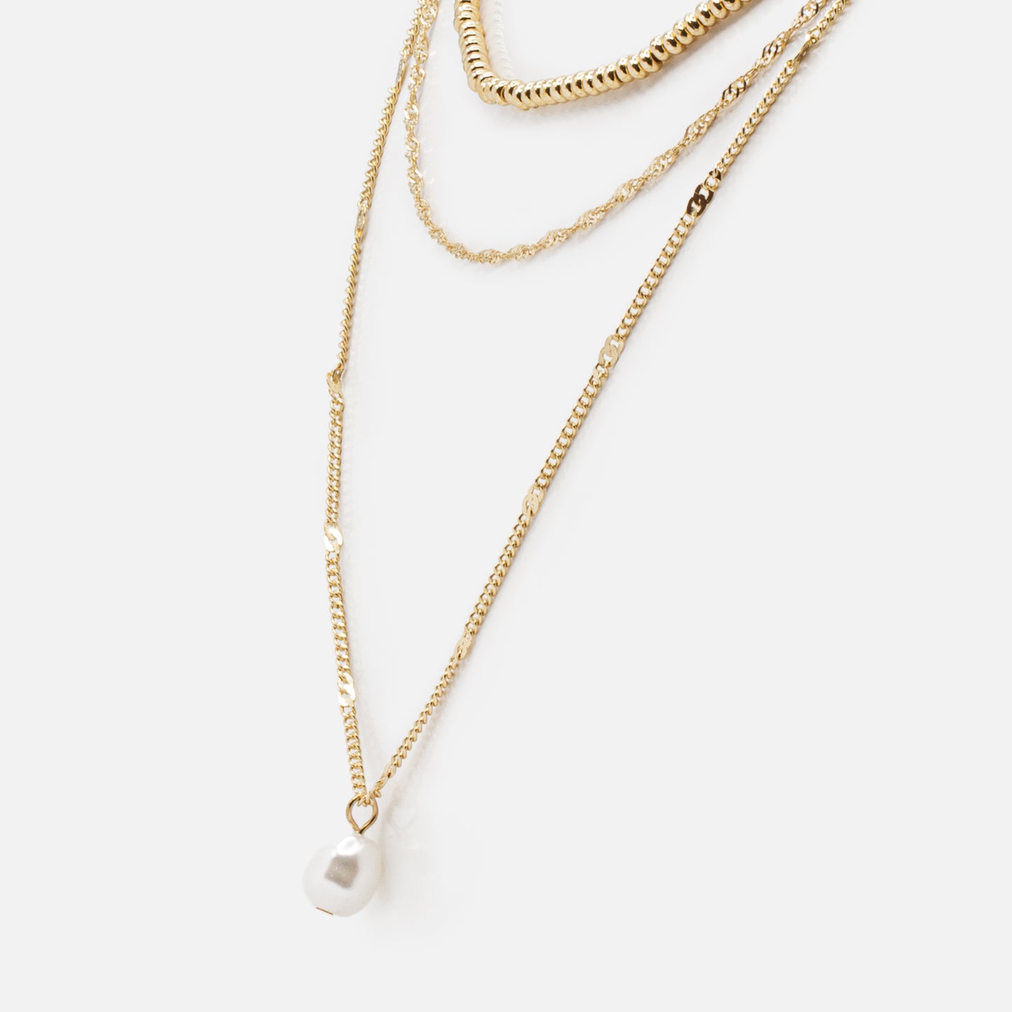 Pearl & golden bead charm triple chain necklace - PL233N019DO
