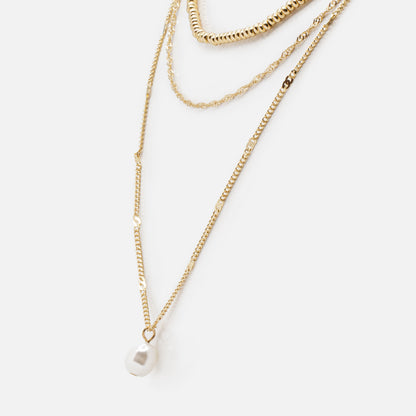 Pearl & golden bead charm triple chain necklace - PL233N019DO