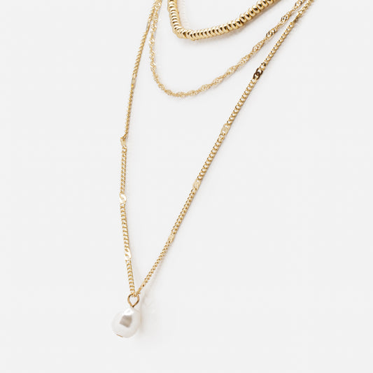 Pearl & golden bead charm triple chain necklace - PL233N019DO