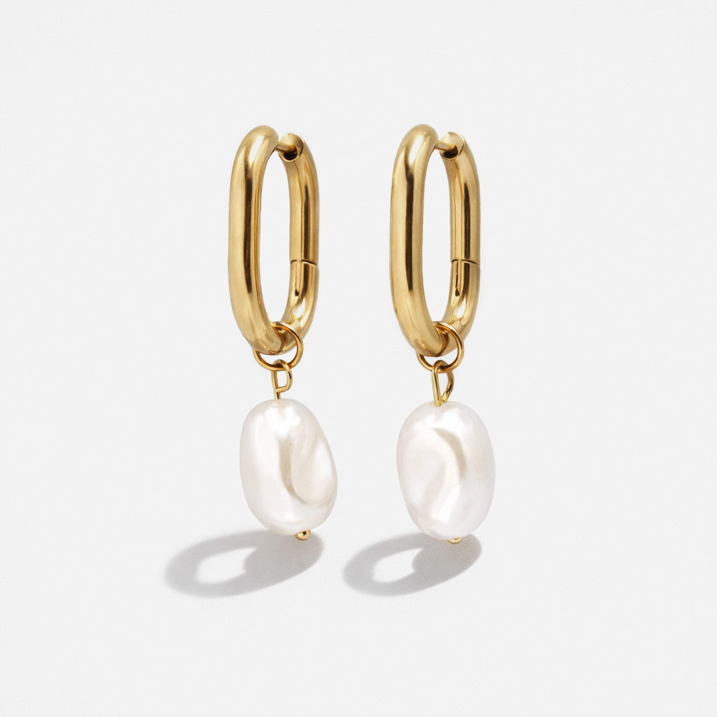 Boucles d'oreilles anneaux dorés ovales avec perle - PL251E001GL