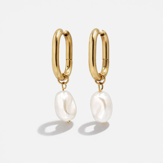 Oval golden hoops earrings with pearl - PL251E001GL