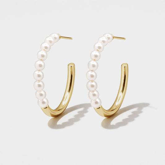 Half pearl golden hoops earrings - PL251E004GL