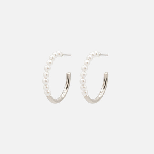 Half pearl silvered hoops earrings - PL251E005SL