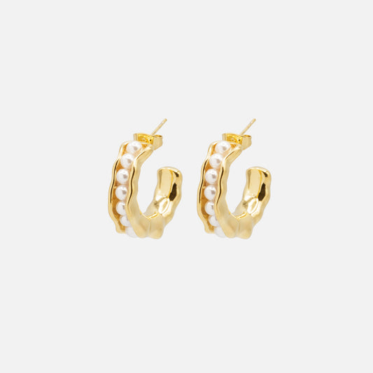 Opened golden hoops earrings with pearls - PL251E007GL