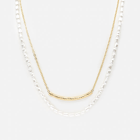Two row necklace pearl and golden chain - PL251N016GL