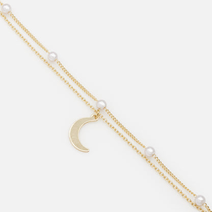 PL253B025GL - Golden double chain necklace pearls & moon charm